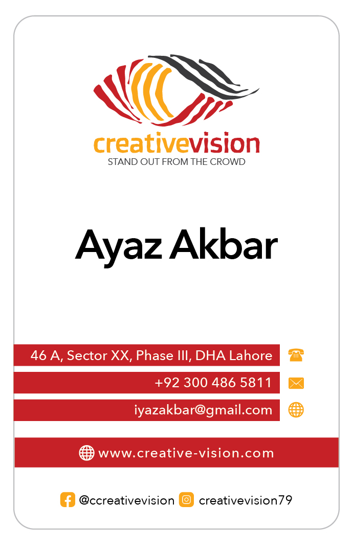 Creative Vision Advertising business card with its original logo, Ayaz Akbar's name, and the supplied company contact information