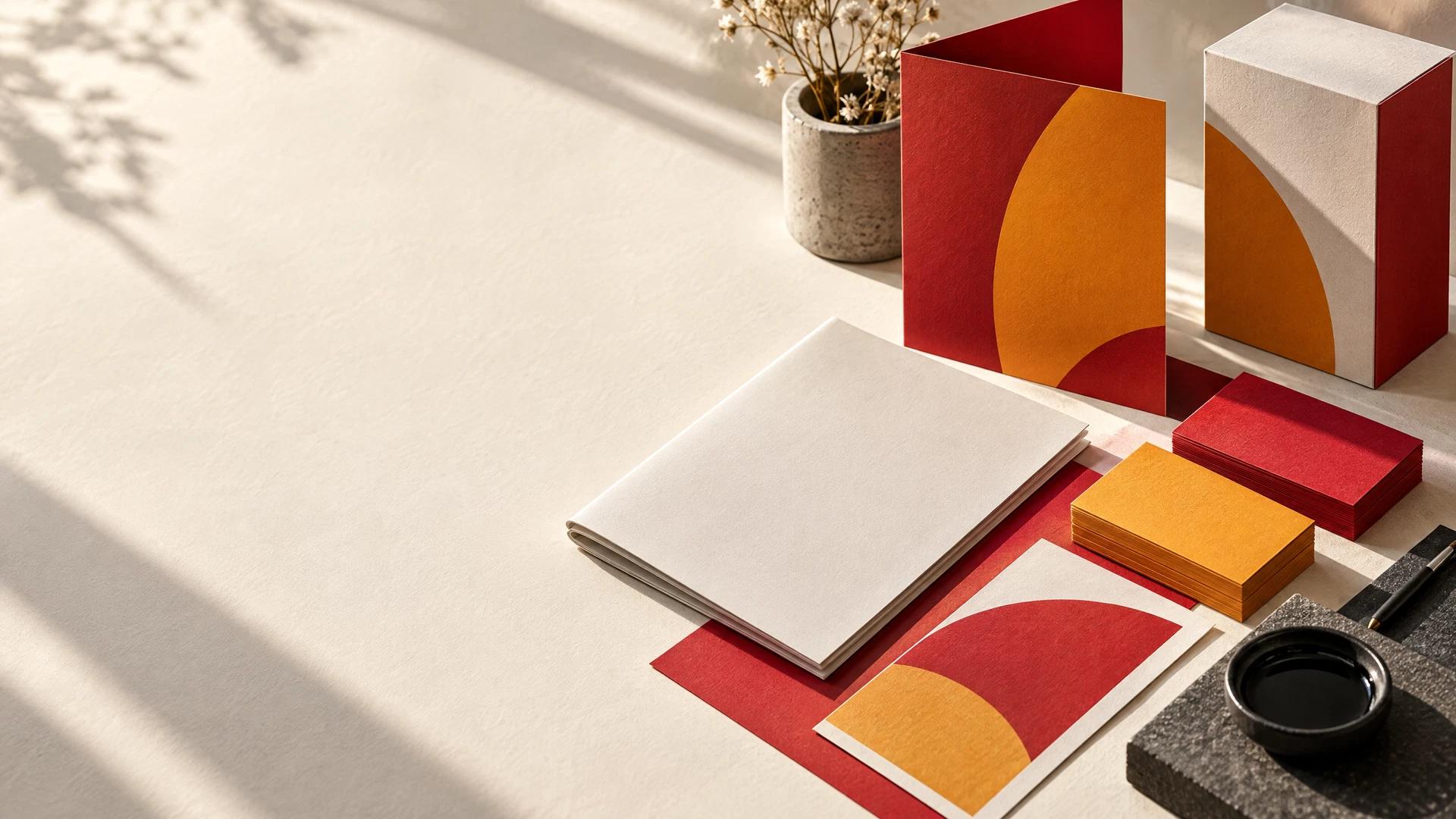 Tactile print and brand materials arranged in a sunlit design studio