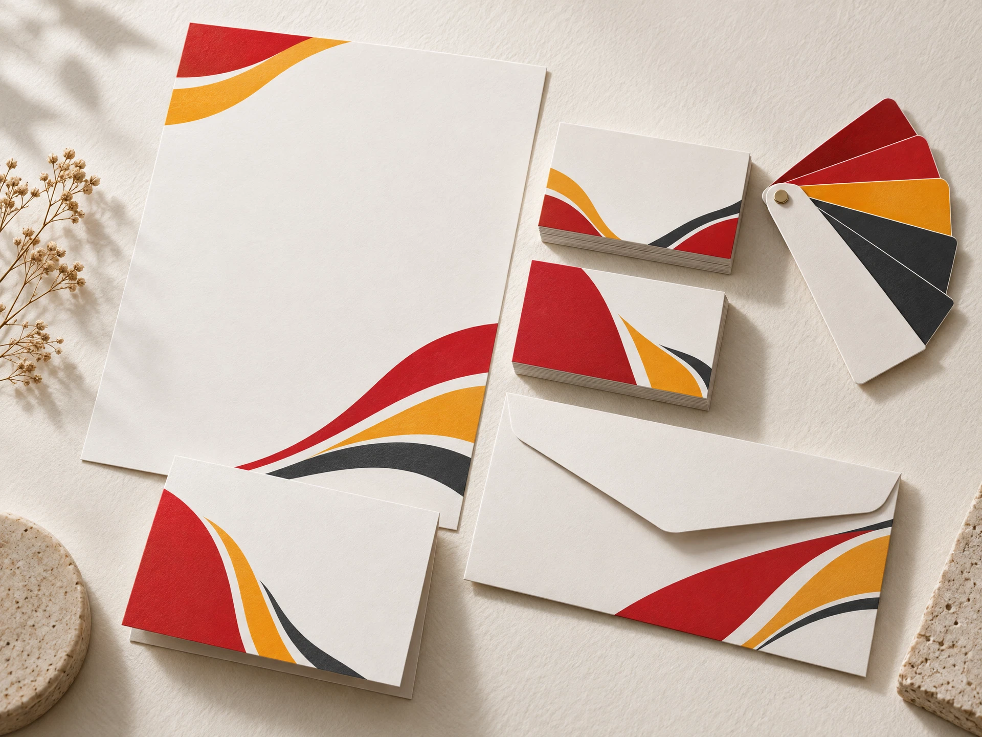 Crisp stationery and brand identity art direction in red and saffron