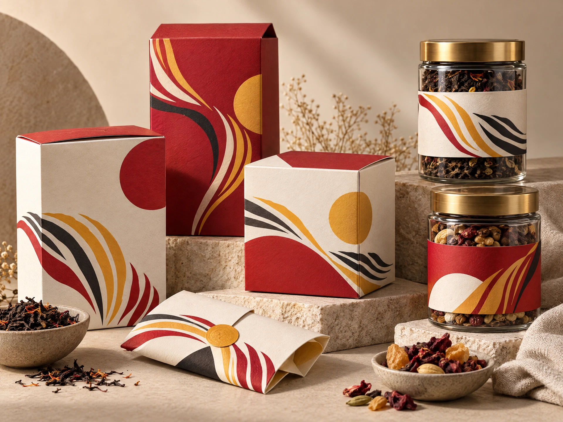 A coordinated fictional tea and pantry packaging direction