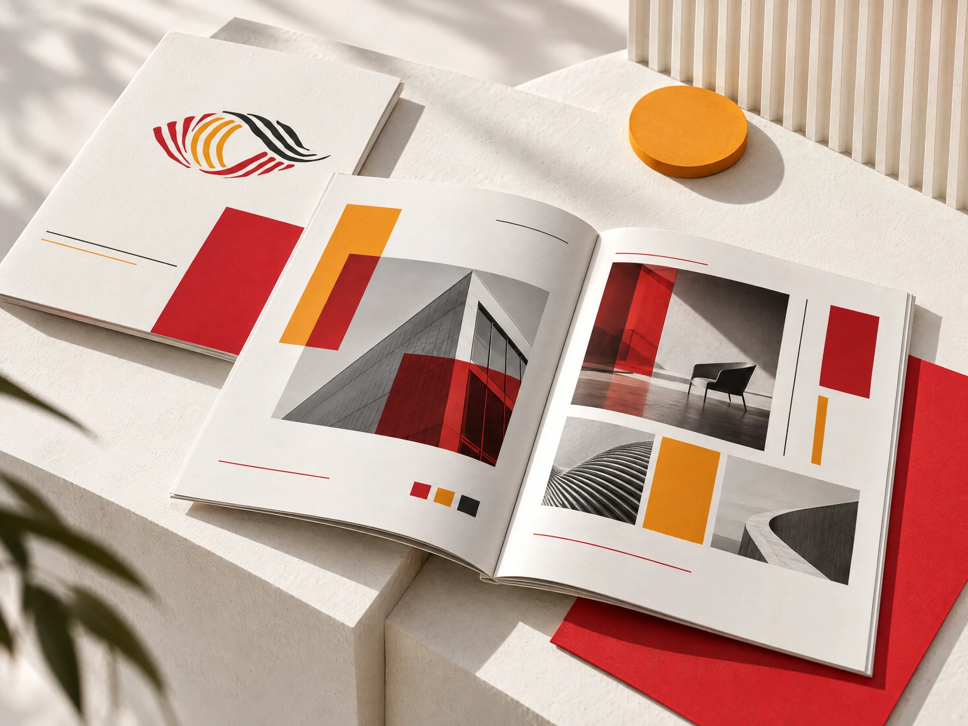 Editorial company profile brochure and catalog layout concept on layered paper