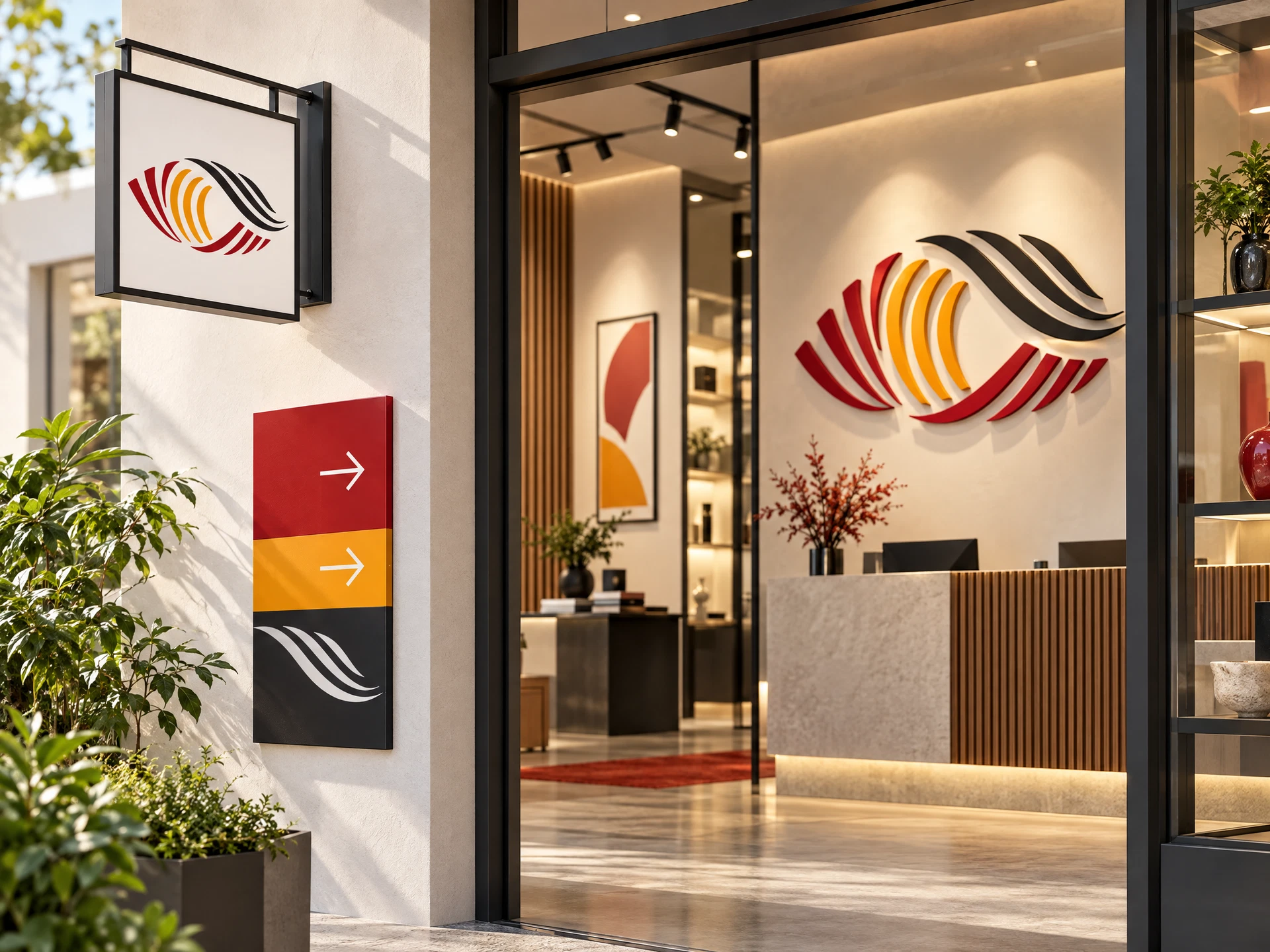 Contemporary crimson and saffron wayfinding and dimensional signage